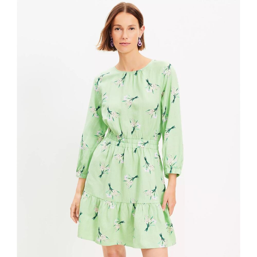 Ann Taylor LOFT Green Linen Blend Floral Mini Dress NWT